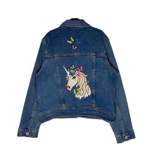 Custom Embroidered Denim Jacket - Girls Size Embroidered With Unicorn and  Butterflies (L)